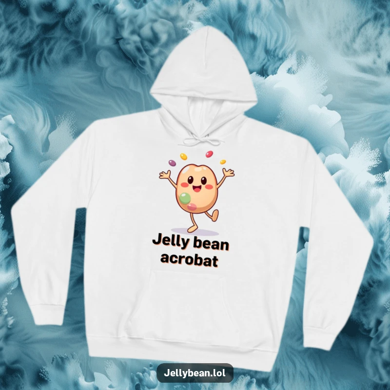 Funny hoodie featuring a smiley jelly bean character doing a cartwheel with segments flying off, offering cozy comfort and wild, funny energy. Ideal funny gift.