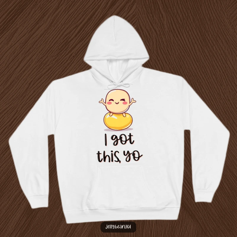 Funny hoodie depicting a jelly bean character winking while balancing on another jelly bean, offering warmth and laughter.
