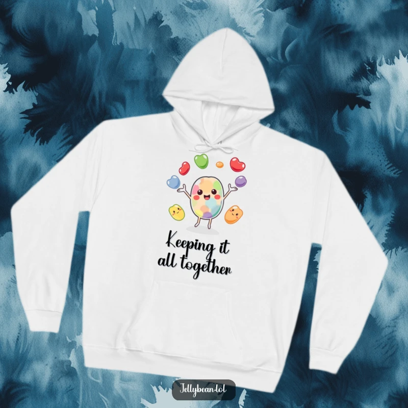 Funny hoodie with a cheerful jelly bean character juggling its bean friends, offering warmth and a touch of delightful humor.