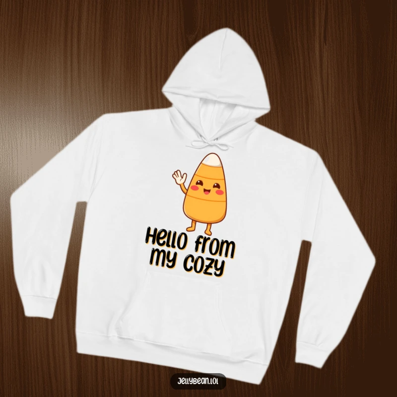Funny Candy Corn Hoodie featuring a sweet character offering a welcoming wave, perfect for cozy, friendly comfort.