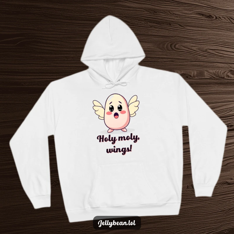 Funny hoodie featuring a jelly bean character with a surprised expression sprouting wings, offering cozy comfort and a touch of funny magic. Ideal funny gift.