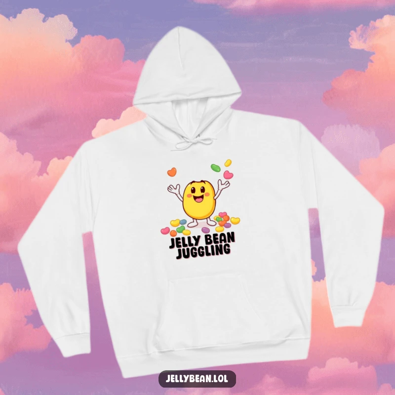Funny hoodie featuring a smiley jelly bean character enthusiastically juggling smaller jelly beans, offering cozy comfort and vibrant, funny energy. Ideal funny gift.