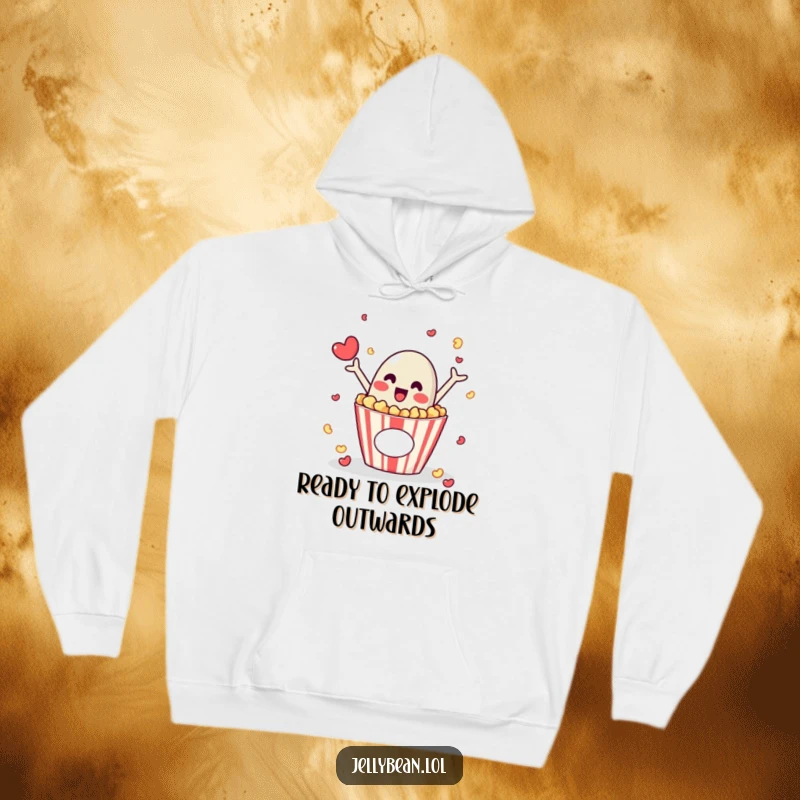 Funny hoodie with a jelly bean character popping excitedly from a popcorn box, ideal for movie marathons and cozy days.