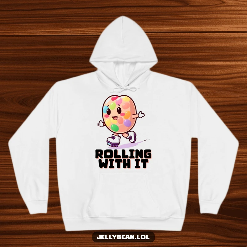 A warm and comfortable hoodie featuring a funny jelly bean character zipping around on roller skates, radiating playful energy.