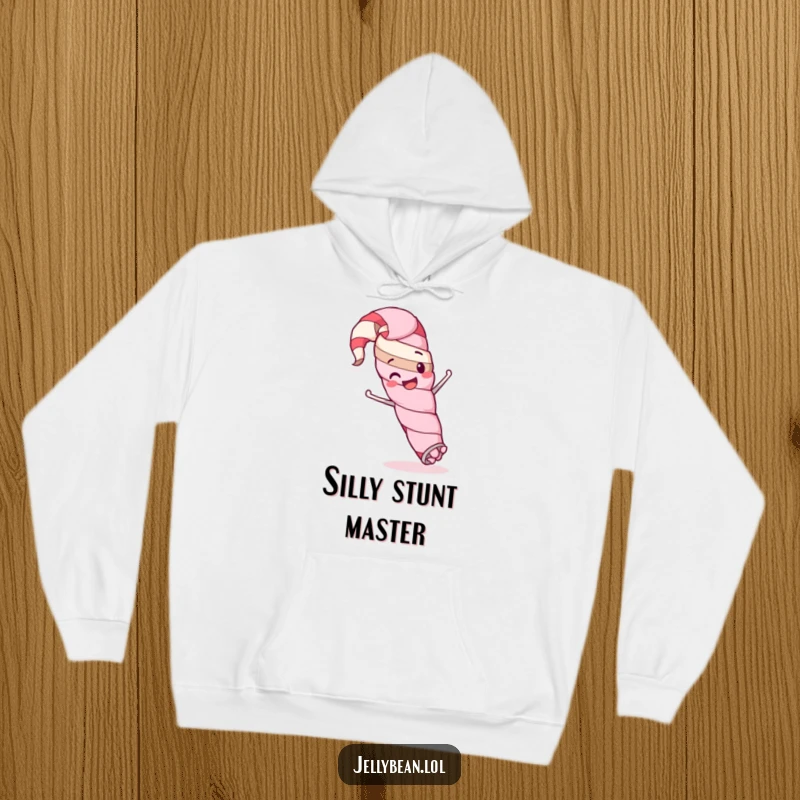 Funny hoodie featuring a happy licorice whip character in a comical, silly stunt, offering warmth and playful mischief.