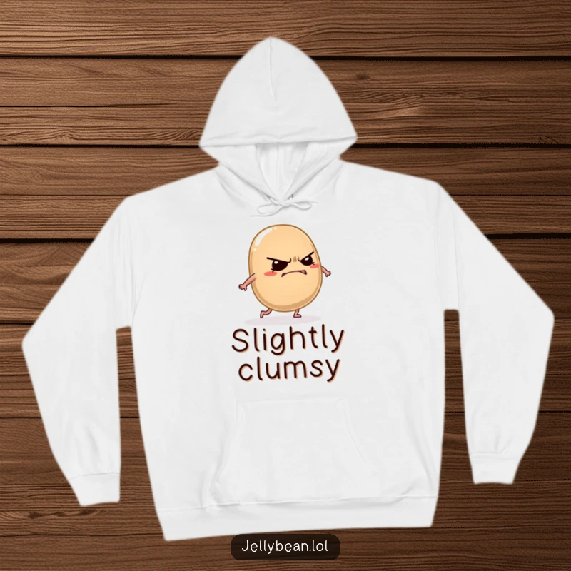 Funny grumpy jelly bean hoodie showing a mischievous character grinning while tripping over its own feet comically.