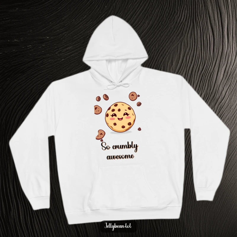 Funny hoodie featuring a delighted chocolate chip cookie character with a happy grin, offering comfort and sweet cheer.