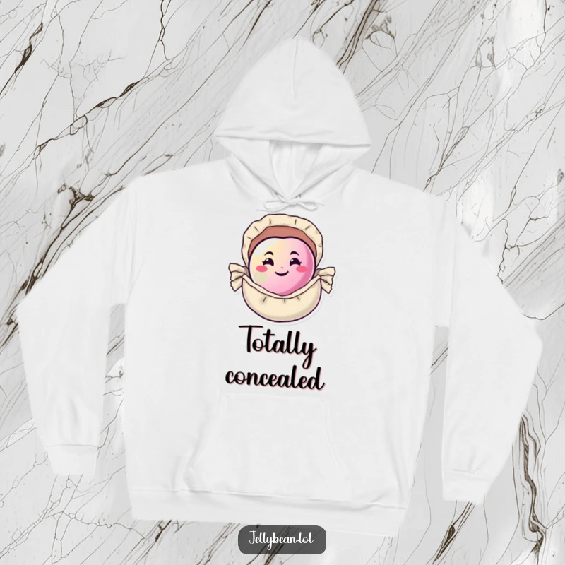 Funny Hoodie showing a happy jelly bean with a sly, mischievous grin, tucked away inside a miniature candy wrapper.