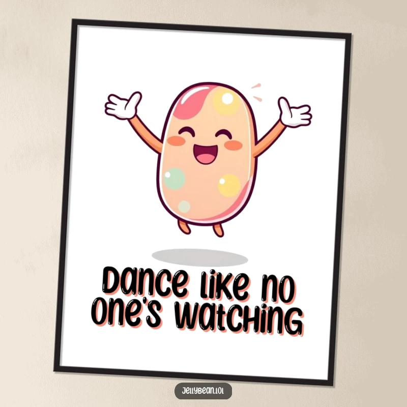 Funny Free Printable Wall Art: Jelly bean character doing a joyful dance with arms flair, perfect downloadable art.
