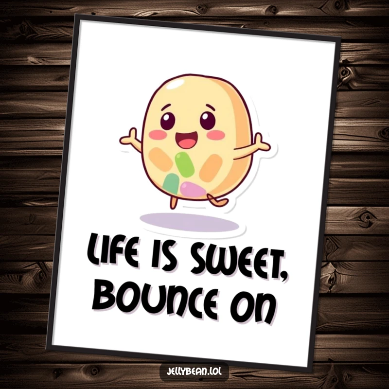 Funny Free Printable Wall Art of a single, brightly colored jelly bean character captured in a joyful, energetic bounce.