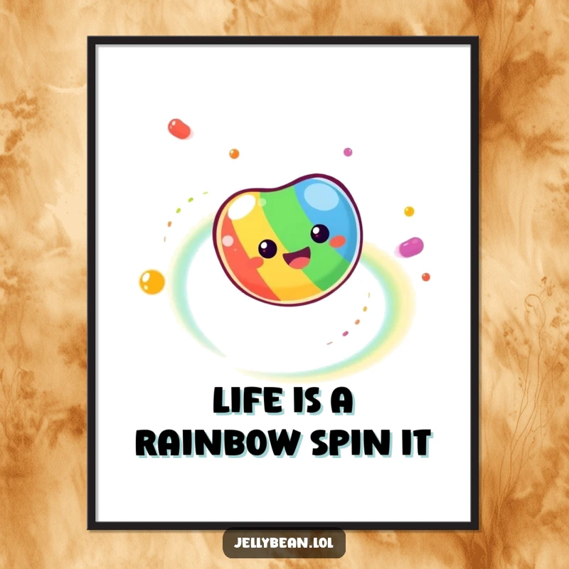 Funny Free Printable Wall Art: A jelly bean spinning rapidly, leaving a bright, chaotic rainbow trail, psychedelic art.