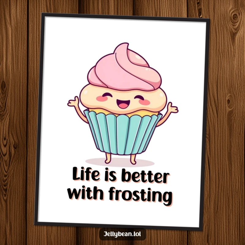 Funny Free Printable Wall Art: A happy cupcake character wiggling with excitement, bringing a burst of cheerful energy to wall decor.