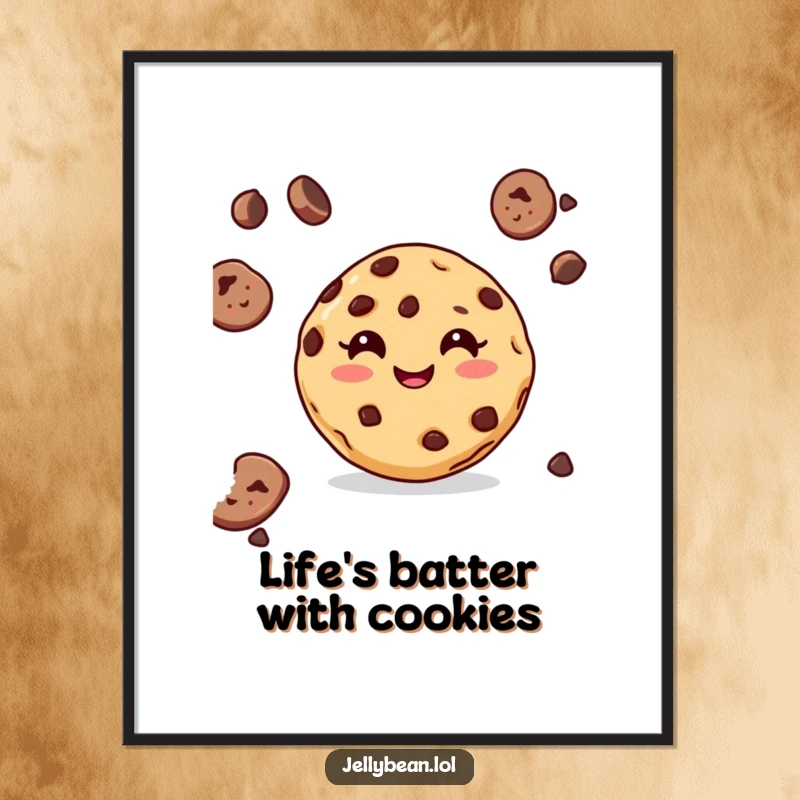 Funny Free Printable Wall Art featuring a single, delicious-looking chocolate chip cookie character with an incredibly happy grin.