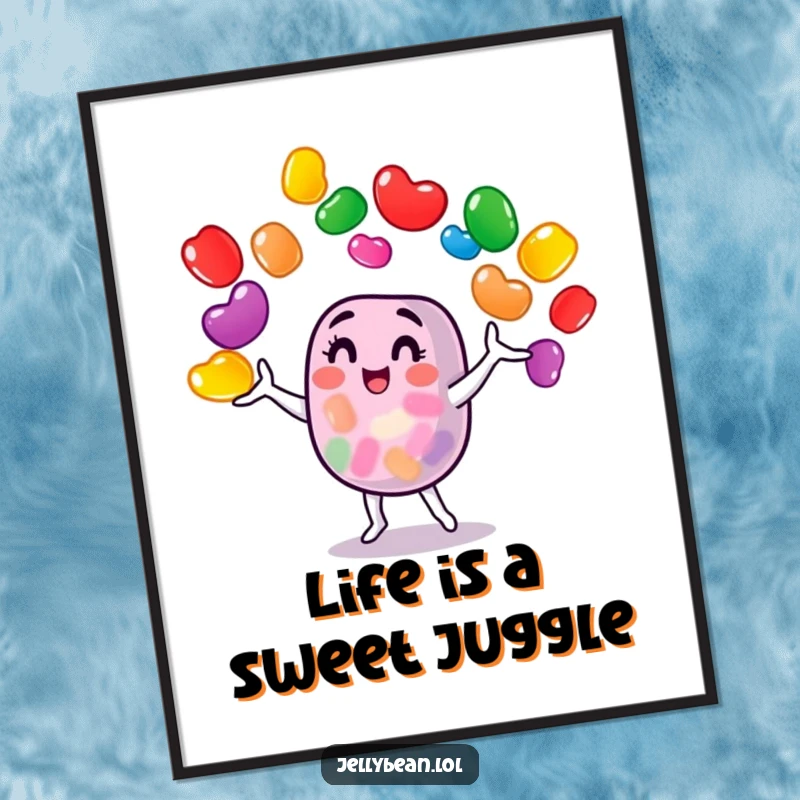 Funny Free Printable Wall Art depicting a skilled jelly bean character juggling an assortment of colorful beans.