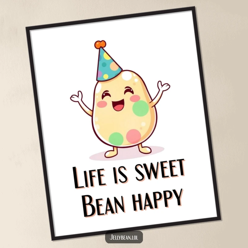 Funny Free Printable Wall Art of a jelly bean in a party hat, exuding pure joy and celebration.