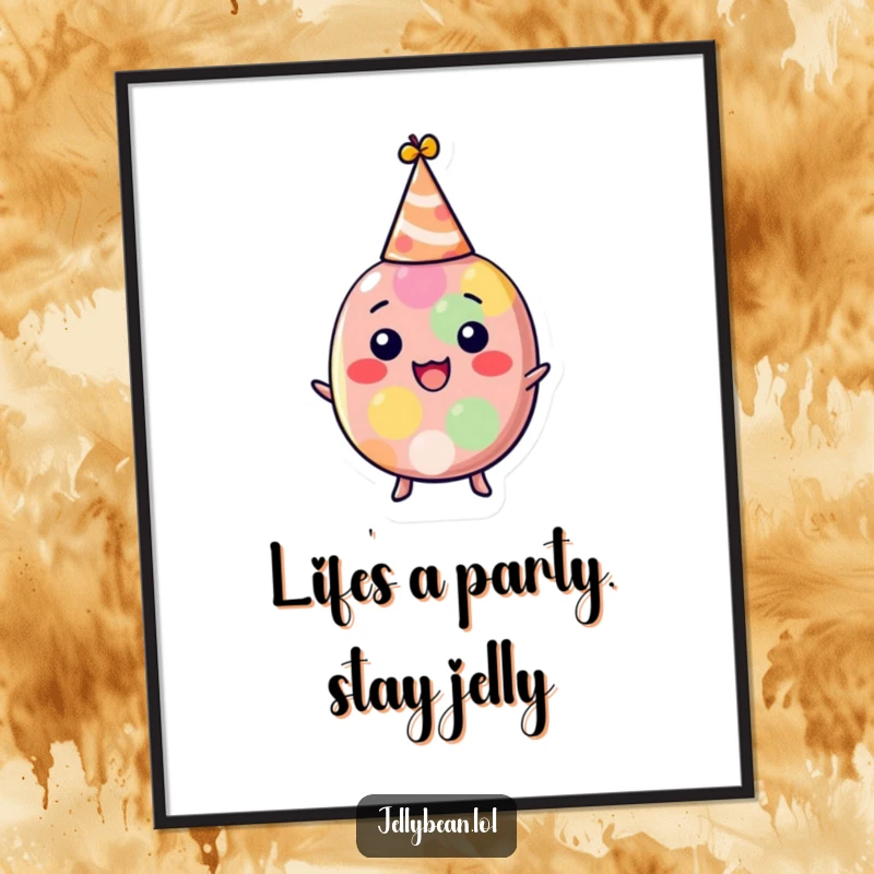 Funny free printable wall art of a delighted jelly bean in a tiny party hat, exuding pure joy.