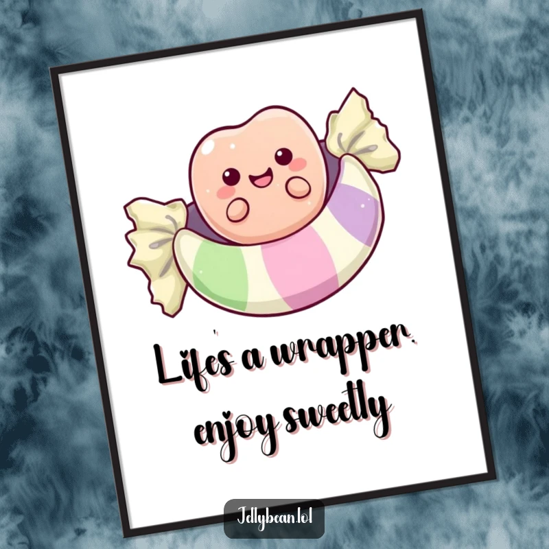 Funny Free Printable Wall Art: Cheerful Jelly Bean Floating on a Gigantic Candy Wrapper