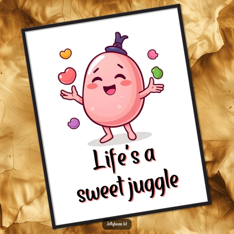 Funny Free Printable Wall Art: Jelly bean character happily juggling small candies, showcasing talent and joy, unique DIY decor.