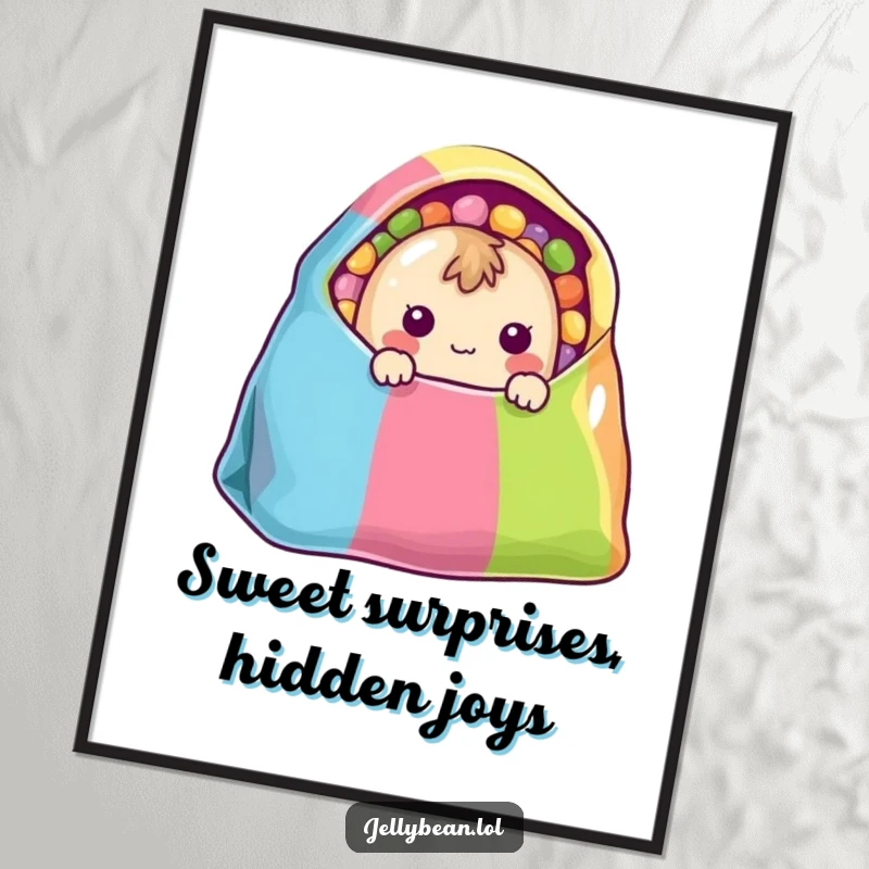 Funny Free Printable Wall Art: A shy jelly bean character peeks from a colorful bag, adding cute and humorous decor.