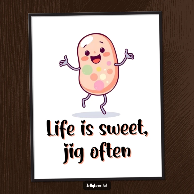 Funny Free Printable Wall Art: Anthropomorphic jelly bean character performing a silly jig with hilariously wobbly legs, full of energy and fun.