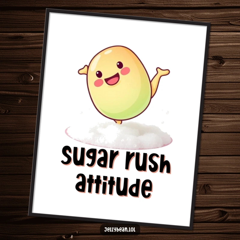 Funny free printable wall art: Mischievous jelly bean doing a playful somersault on a sugary surface, whimsical and vibrant decorative art.