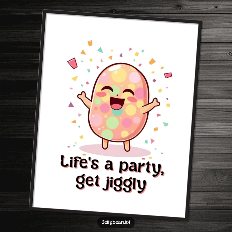 Funny Free Printable Wall Art: A wobbly jelly bean character bursting with vibrant confetti, radiating pure joy and laughter for cheerful decor.