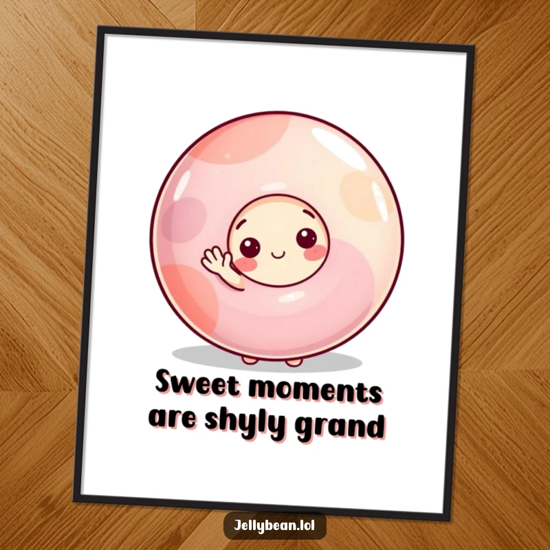 Funny Free Printable Wall Art: A shy jelly bean character peeking from behind a massive gumdrop, offering a small, adorable wave.