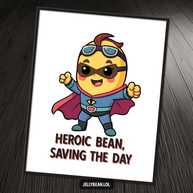 Funny Free Printable Wall Art: Jelly bean character dressed as a superhero striking a dynamic pose, powerful and exciting, unique DIY decor.