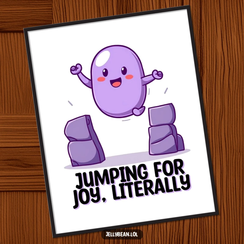Funny Free Printable Wall Art: A purple jelly bean hero is captured mid-leap, overcoming obstacles with style.