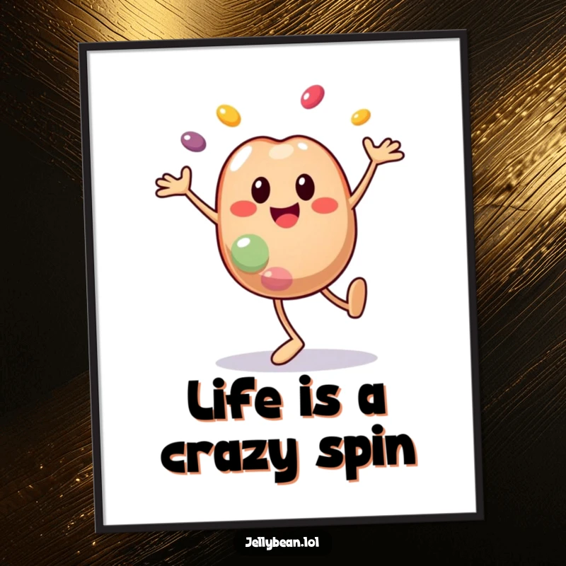 Funny Free Printable Wall Art: A smiley jelly bean character doing a cartwheel, with segments bursting outwards in a playful explosion.