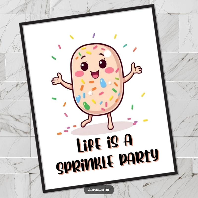 Funny Free Printable Wall Art: A jelly bean character dancing energetically amidst rainbow sprinkles, lively art