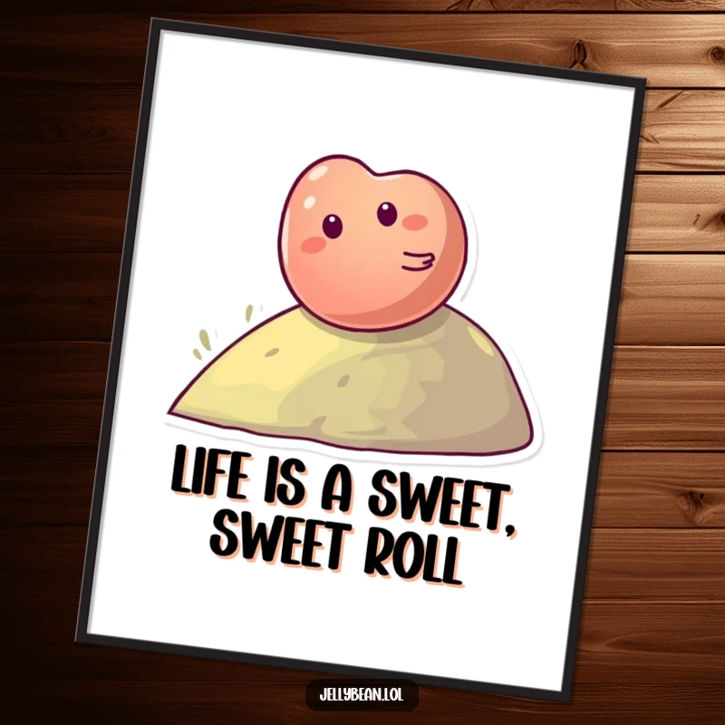 Funny Free Printable Wall Art depicting a giggling jelly bean character in mid-roll down a grassy hill.