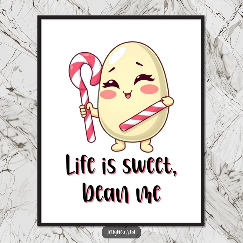 Funny Free Printable Wall Art: A charming jelly bean character winking while holding a candy cane cane, creating playful art