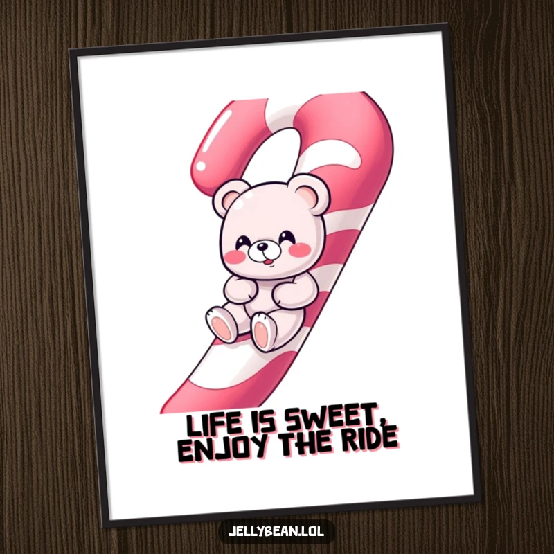 Funny Free Printable Wall Art of a giggling gummy bear character sliding down a giant, colorful candy cane, bringing playful energy to a room.