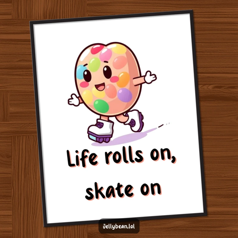 Funny Free Printable Wall Art of a jelly bean character confidently wearing roller skates and zooming with joy.