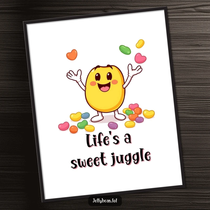 Funny Free Printable Wall Art: A smiley jelly bean character gleefully juggling multiple smaller beans, a vibrant and energetic scene.
