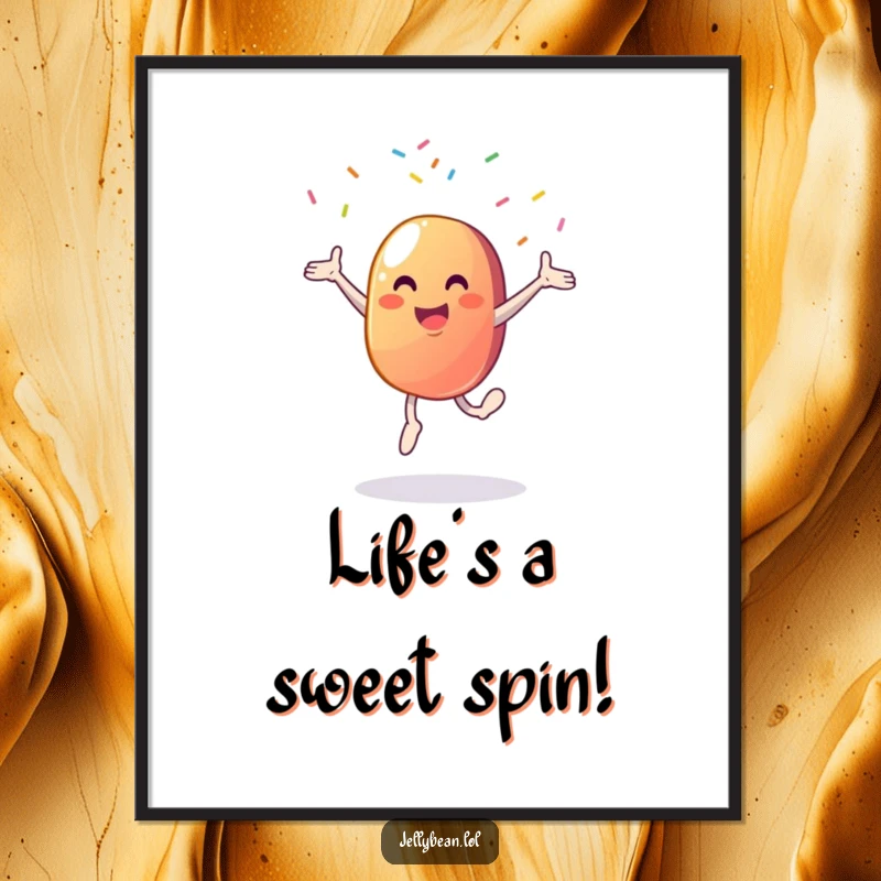 Funny free printable wall art of a smiling jelly bean in mid-cartwheel, surrounded by flying sprinkles, adding whimsical decor.