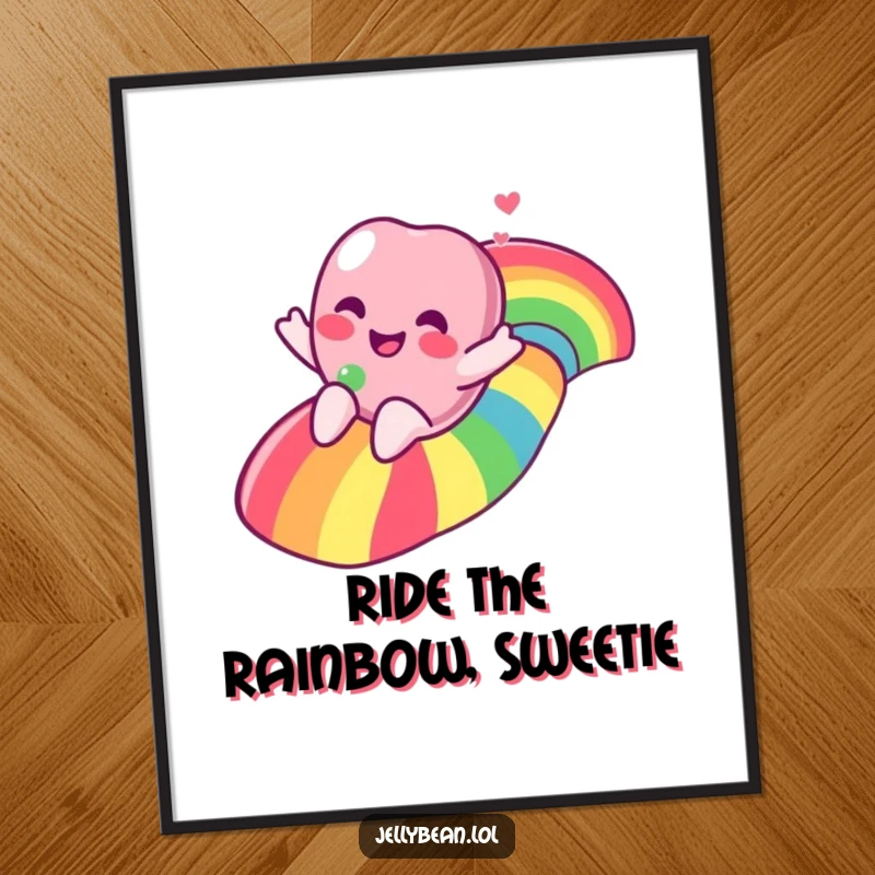 Funny Free Printable Wall Art of a gleeful jelly bean character enjoying a thrilling slide down a vibrant rainbow.