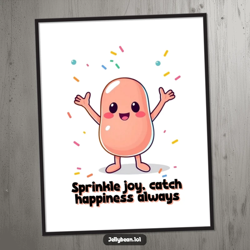 Funny Free Printable Wall Art: Cute Jelly Bean Character Arms Wide Catching Falling Sprinkles