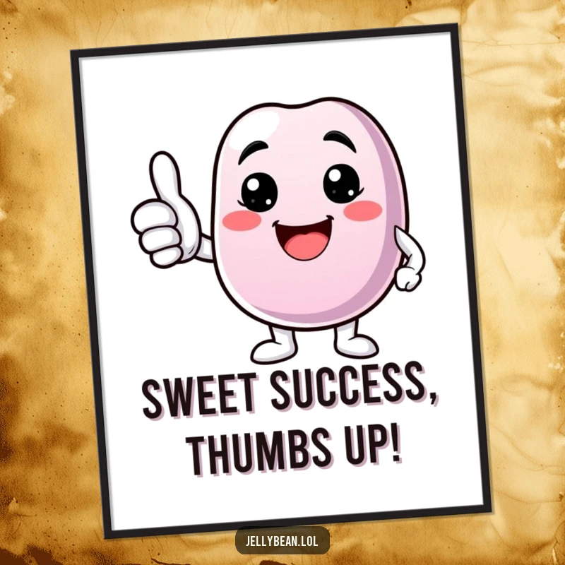 Funny Free Printable Wall Art: Anthropomorphic jelly bean character gives a cheerful thumbs up with a beaming smile, radiating positivity.