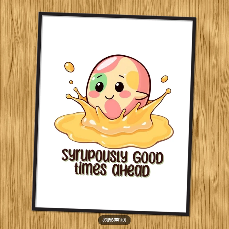 Funny Free Printable Wall Art: A joyful jelly bean character splashing playfully in a pool of syrup, artful humor