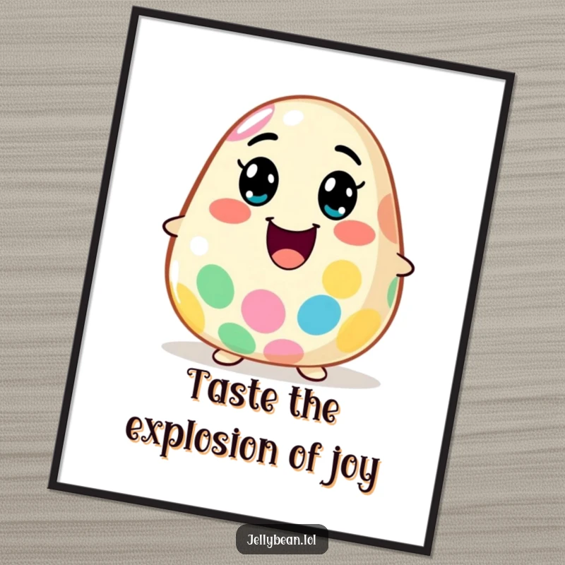 Funny Free Printable Wall Art: A jelly bean character with a huge smile, exploding with vibrant flavor, artful design