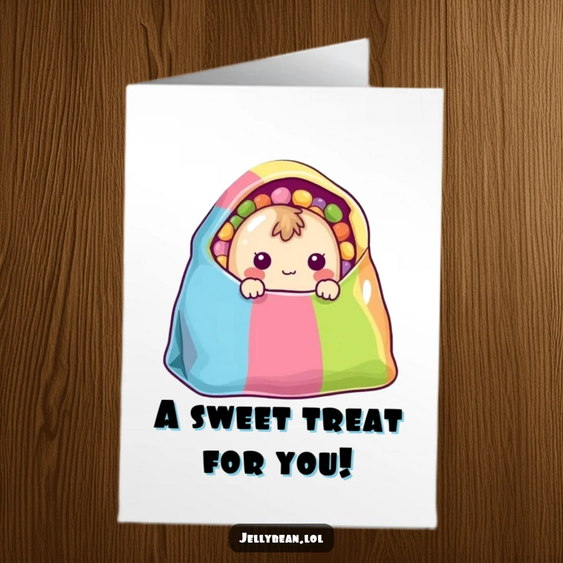 Funny Free Printable Birthday Card: A shy jelly bean peeks from a colorful bag, wishing a sweet and happy birthday.