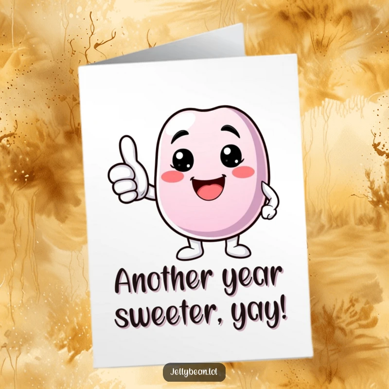 Funny Free Printable Birthday Card: Anthropomorphic jelly bean character gives a bright thumbs up with a huge smile, wishing a happy birthday.