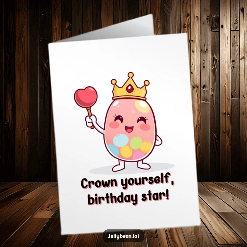 Funny Free Printable Birthday Card shows a jelly bean monarch in a crown beaming triumphantly beside a colossal candy.