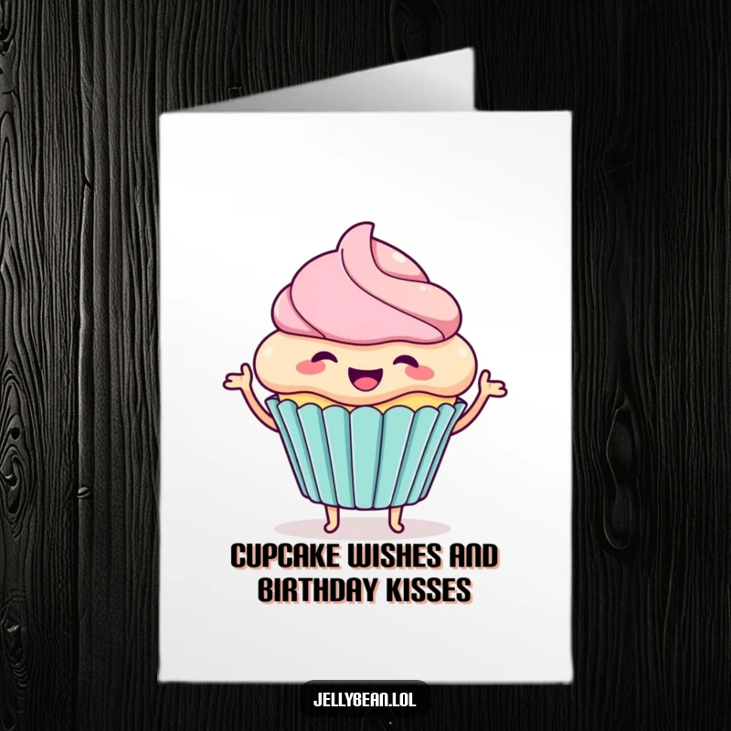 Funny Free Printable Birthday Card: A happy cupcake character wiggling with excitement, spreading birthday cheer and delight.