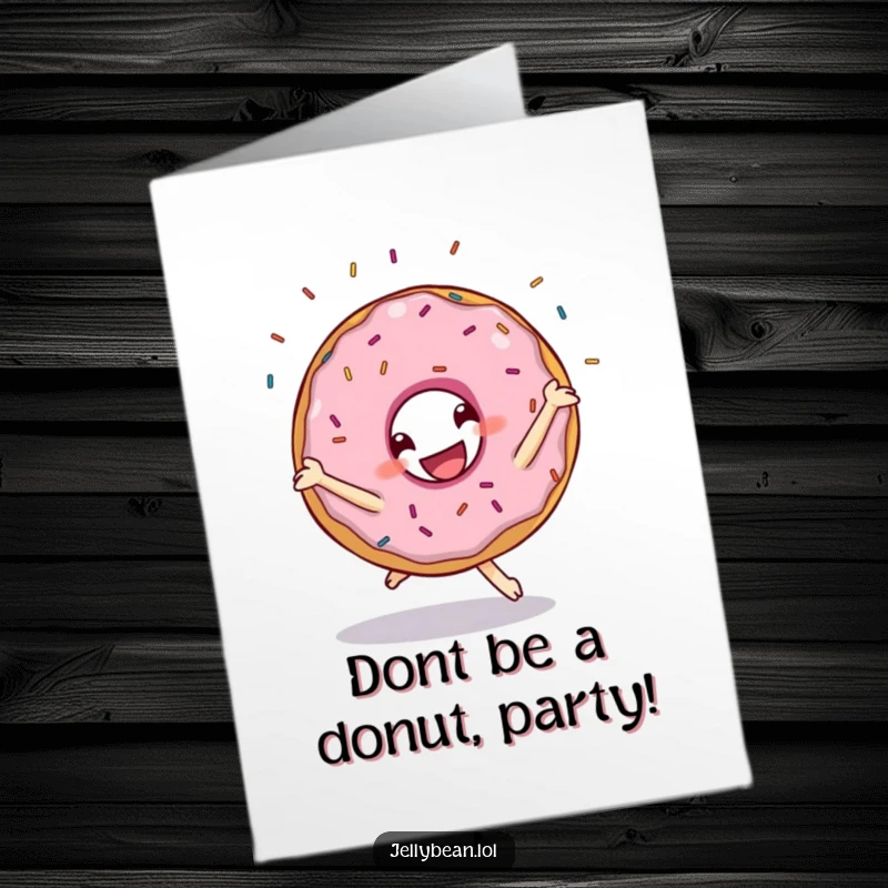 Funny Free Printable Birthday Card: A grinning donut doing a cartwheel, with sprinkles flying, celebrating a birthday energetically.
