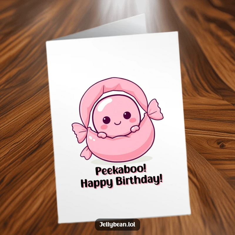 Funny Free Printable Birthday Card: a mischievous jelly bean character peeking from behind a huge candy wrapper.