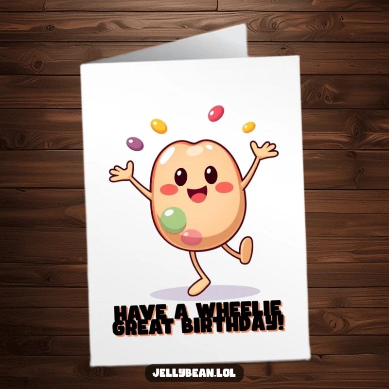 Funny Free Printable Birthday Card: Smiley jelly bean character doing a cartwheel, colorful segments flying off in joyous motion.