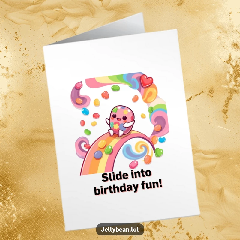 Funny Free Printable Birthday Card shows a giggling jelly bean character joyfully sliding down a rainbow of swirling flavor.